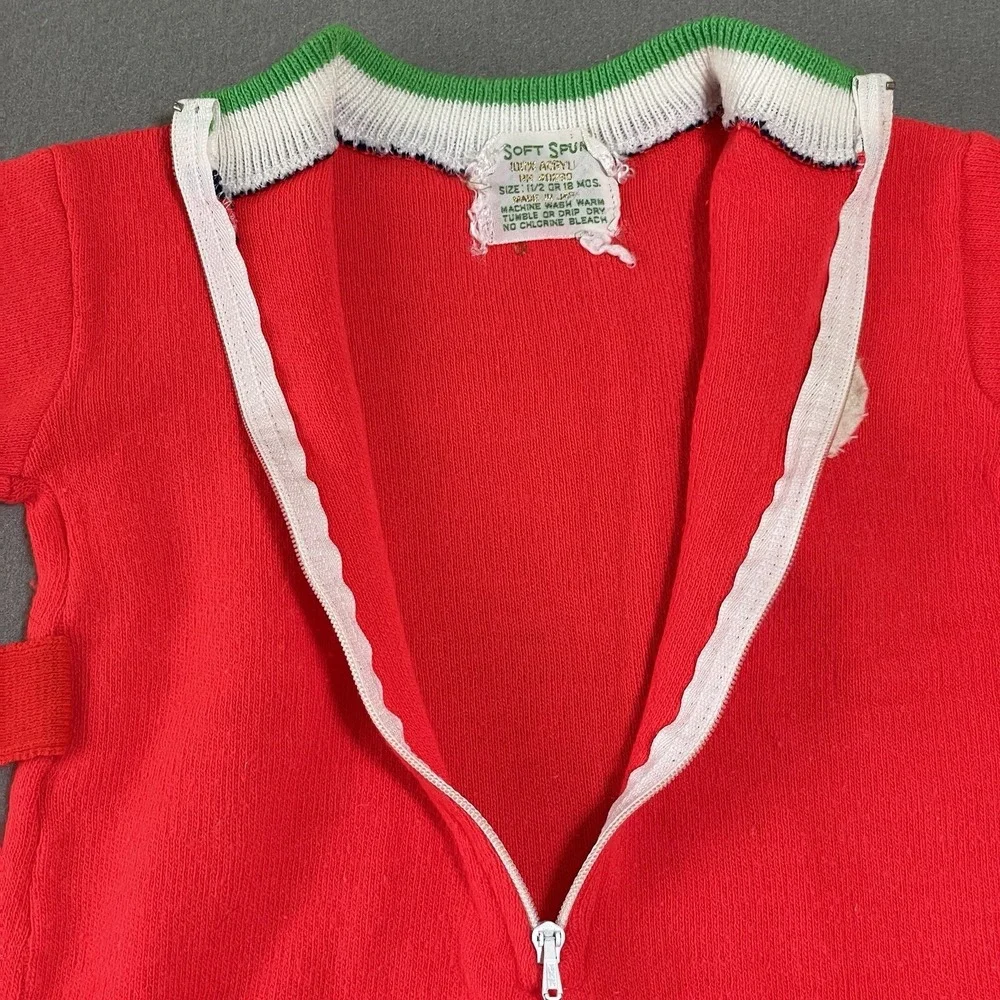 Vtg 70s Handmade One‎ Pc Jumpsuit Soft Spun boy knit 18 month Football Helmet
